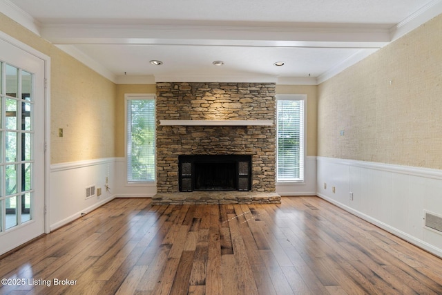 163 Ridgewood Dr, Pewee Valley, KY 40056 - unfurnished living room with hardwood / wood-style flooring, a wainscoted wall, a fireplace, and crown molding