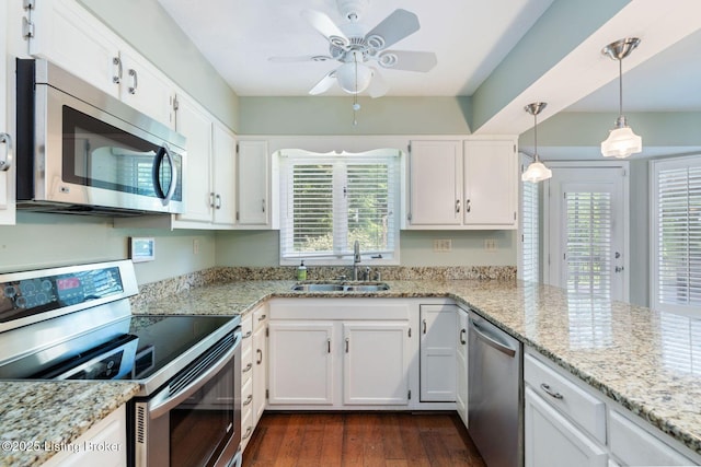 163 Ridgewood Dr, Pewee Valley, KY 40056 - kitchen with stainless steel appliances, white cabinets, and a ceiling fan