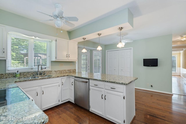 163 Ridgewood Dr, Pewee Valley, KY 40056 - kitchen featuring dishwasher, ceiling fan, a peninsula, and white cabinetry