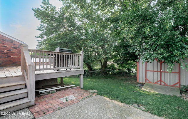 517 Oak Leaf Dr, La Grange, KY 40031 - fenced yard featuring a deck and a storage unit