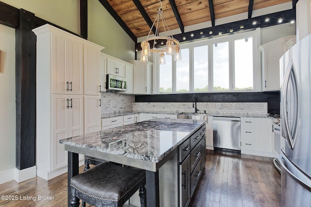 1575 Ochs Ln, Bloomfield, KY 40008 - kitchen featuring stainless steel appliances, wood ceiling, a chandelier, white cabinets, and decorative backsplash