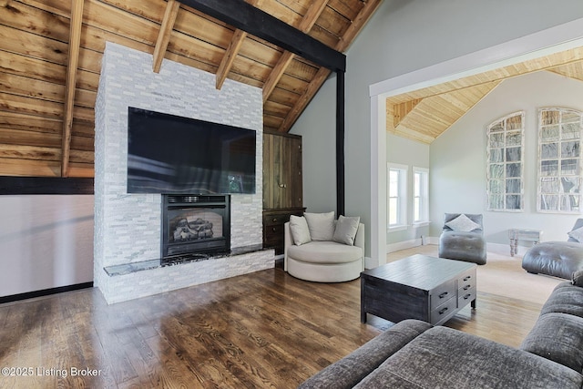 1575 Ochs Ln, Bloomfield, KY 40008 - living room with a wooden ceiling with exposed beams, a fireplace, wood finished floors, and high vaulted ceiling
