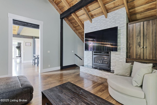 1575 Ochs Ln, Bloomfield, KY 40008 - living room with wooden ceiling, a stone fireplace, and wood finished floors