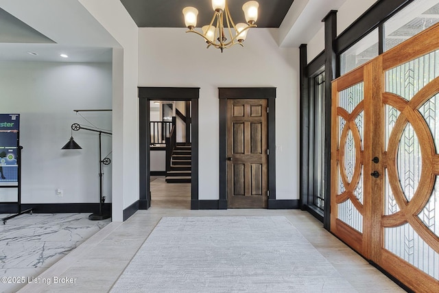 1575 Ochs Ln, Bloomfield, KY 40008 - foyer featuring a chandelier, healthy amount of natural light, stairway, and recessed lighting
