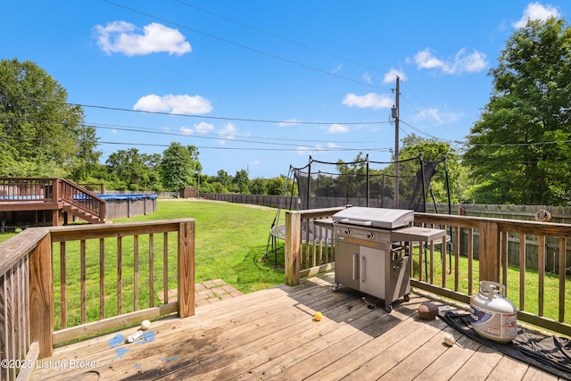 908 Chestnut Ave, Frankfort, KY 40601 - wooden terrace with a trampoline, a fenced backyard, and a grill
