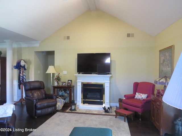 105 Waverly Dr, Bardstown, KY 40004 - living area featuring vaulted ceiling, ornate columns, a glass covered fireplace, and wood finished floors