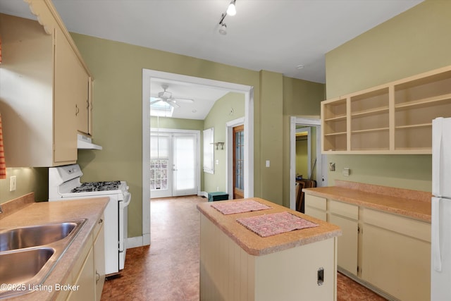129 N Bellaire Ave, Louisville, KY 40206 - kitchen featuring white appliances, under cabinet range hood, light countertops, a ceiling fan, and a kitchen island
