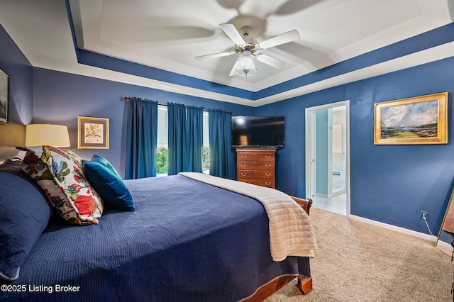 4423 Grand Cir, Crestwood, KY 40014 - bedroom featuring a raised ceiling, carpet floors, a ceiling fan, and ensuite bath