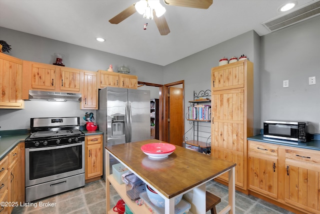 2883 Sweeney Ln, Pleasureville, KY 40057 - kitchen with appliances with stainless steel finishes, under cabinet range hood, ceiling fan, light brown cabinets, and recessed lighting