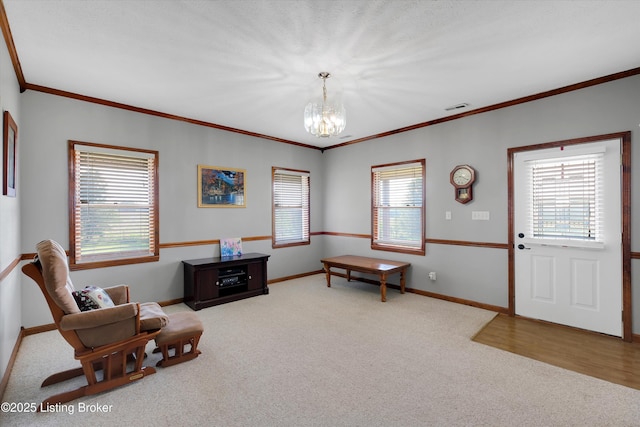 2883 Sweeney Ln, Pleasureville, KY 40057 - living area with carpet floors, a chandelier, and crown molding