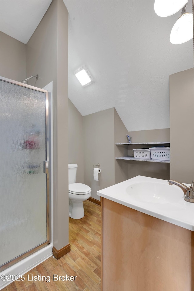 2883 Sweeney Ln, Pleasureville, KY 40057 - bathroom with wood finished floors, a stall shower, lofted ceiling, and vanity