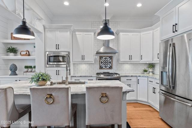 6331 Mistflower Cir, Prospect, KY 40059 - kitchen featuring stainless steel appliances, open shelves, white cabinets, light stone counters, and recessed lighting