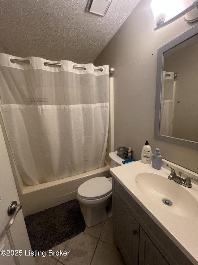 12112 Alpine Way, Goshen, KY 40026 - bathroom with shower / bathtub combination with curtain, a textured ceiling, vanity, and tile patterned flooring