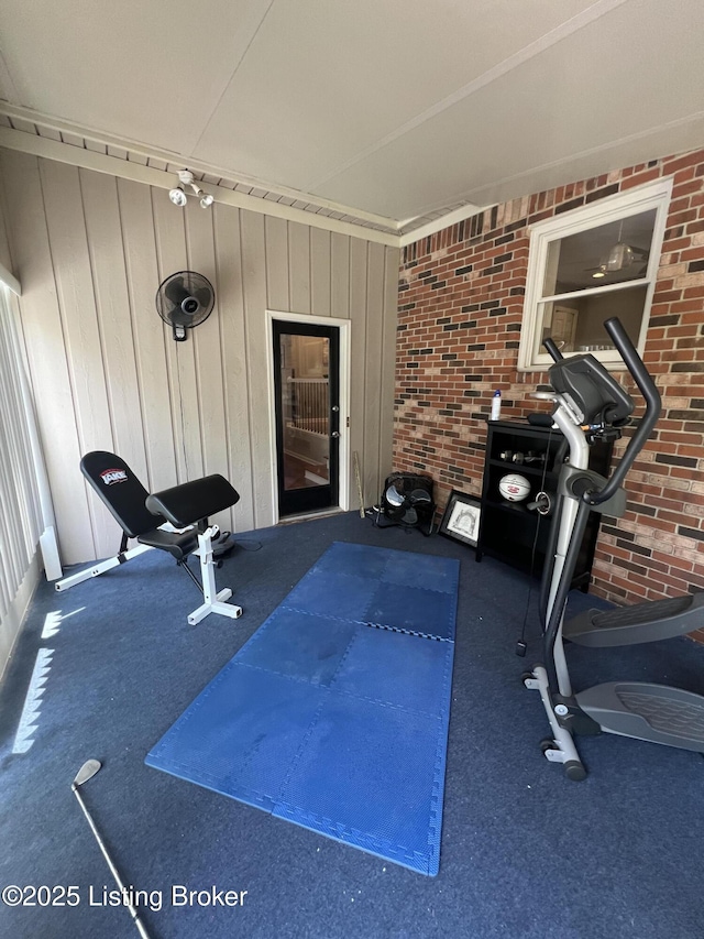 12112 Alpine Way, Goshen, KY 40026 - workout area featuring carpet flooring and brick wall