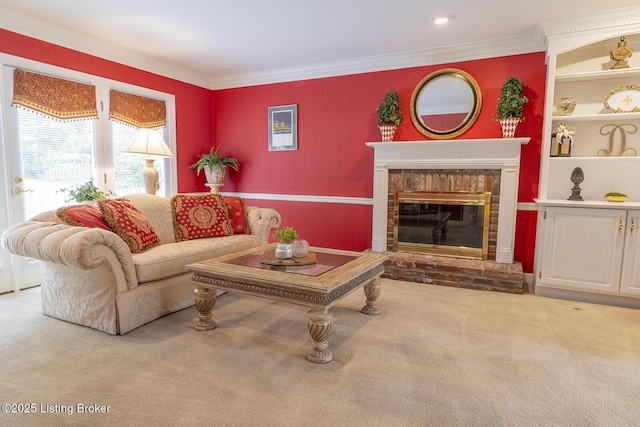 7005 New Bern Ct, Prospect, KY 40059 - carpeted living room featuring a brick fireplace and ornamental molding