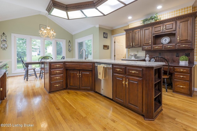 7005 New Bern Ct, Prospect, KY 40059 - kitchen featuring dishwasher, open shelves, a chandelier, light wood-style floors, and pendant lighting