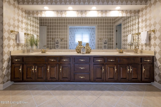 7005 New Bern Ct, Prospect, KY 40059 - bathroom featuring double vanity, tile patterned floors, recessed lighting, and wallpapered walls