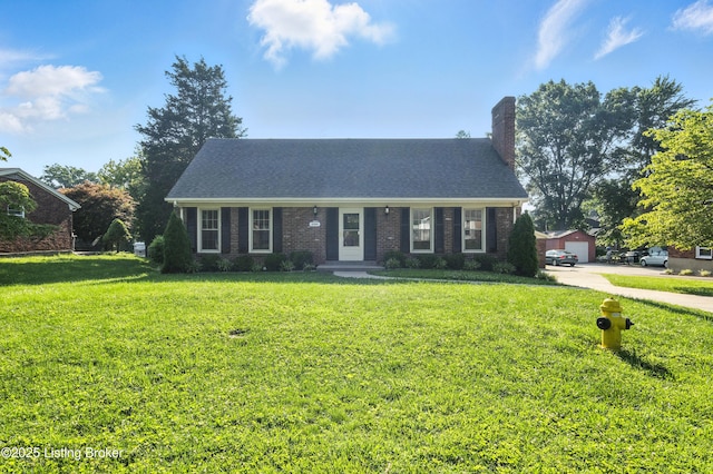 6505 Ridge Cliff Rd, Hollow Creek, KY 40228 - cape cod-style house with a chimney, a front yard, driveway, a garage, and brick siding