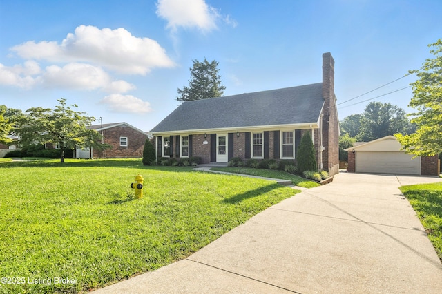 6505 Ridge Cliff Rd, Hollow Creek, KY 40228 - cape cod-style house featuring an outdoor structure, a detached garage, brick siding, and a front lawn