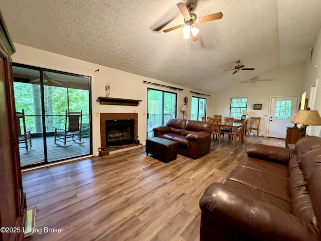 796 Lake Forest Ln, Westview, KY 40178 - living area with light wood-style flooring, a textured ceiling, ceiling fan, lofted ceiling, and a fireplace