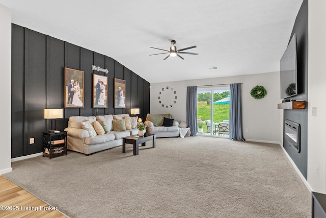 3001 Opal Dr, Shelbyville, KY 40065 - living room featuring ceiling fan, lofted ceiling, and light wood finished floors