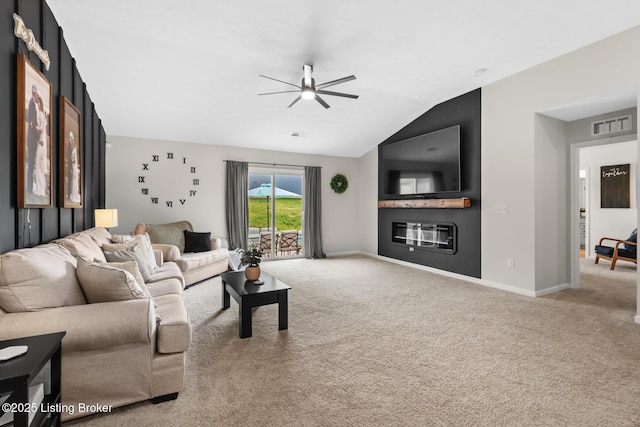 3001 Opal Dr, Shelbyville, KY 40065 - carpeted living room featuring a ceiling fan, lofted ceiling, and a glass covered fireplace