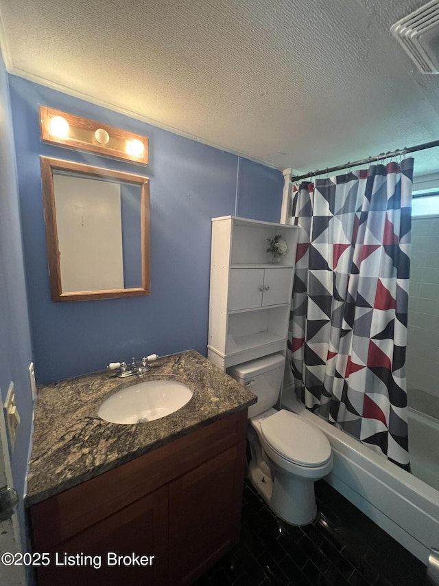 140 Bluegrass Dr, Taylorsville, KY 40071 - full bathroom with a textured ceiling, vanity, and shower / bath combination with curtain