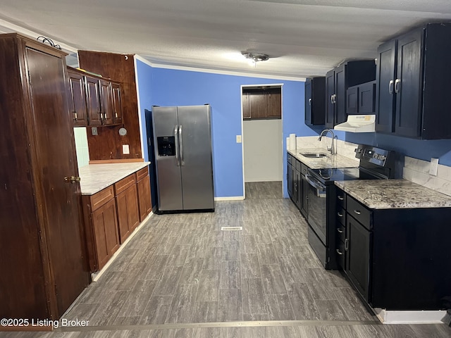 140 Bluegrass Dr, Taylorsville, KY 40071 - kitchen with black / electric stove, stainless steel fridge with ice dispenser, range hood, vaulted ceiling, and light wood-style floors