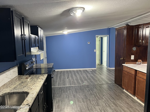 140 Bluegrass Dr, Taylorsville, KY 40071 - kitchen with electric range, range hood, a textured ceiling, dark wood-style floors, and light stone counters