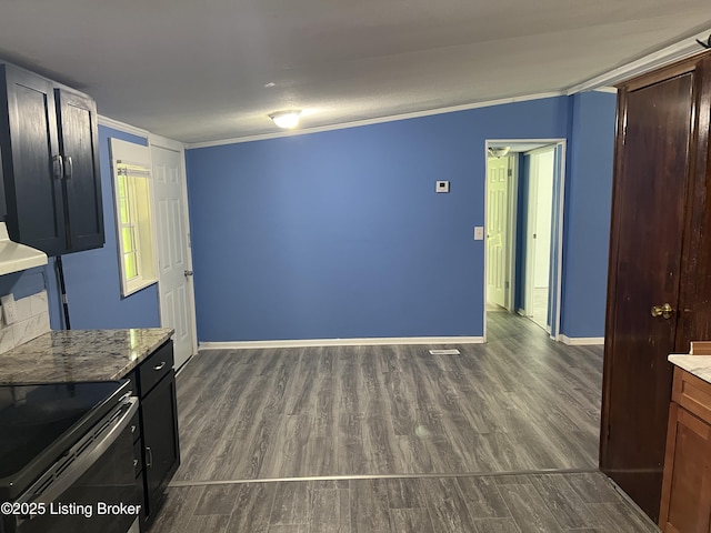 140 Bluegrass Dr, Taylorsville, KY 40071 - kitchen with dark wood-style flooring, crown molding, range hood, and light stone countertops