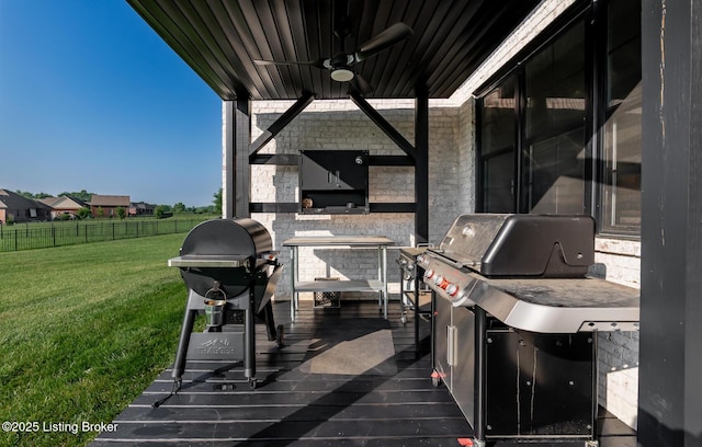 121 Liam Ct, Shepherdsville, KY 40165 - wooden terrace featuring an outdoor kitchen and ceiling fan