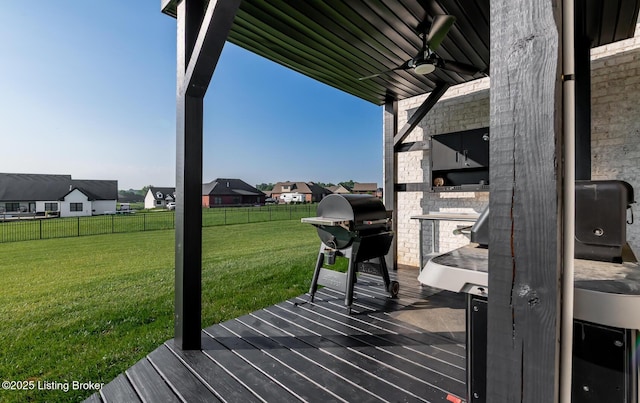 121 Liam Ct, Shepherdsville, KY 40165 - wooden terrace featuring grilling area, ceiling fan, and a residential view