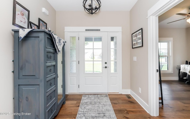 121 Liam Ct, Shepherdsville, KY 40165 - entryway with healthy amount of natural light, ceiling fan, and dark wood-style flooring