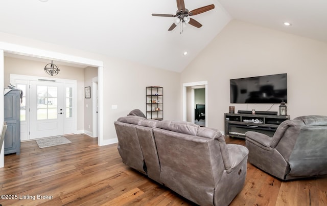 121 Liam Ct, Shepherdsville, KY 40165 - living room featuring ceiling fan, light wood-style floors, high vaulted ceiling, and recessed lighting