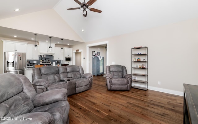 121 Liam Ct, Shepherdsville, KY 40165 - living area with ceiling fan, dark wood-style flooring, high vaulted ceiling, and recessed lighting
