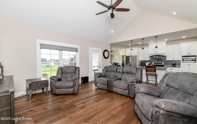 121 Liam Ct, Shepherdsville, KY 40165 - living room featuring a ceiling fan, wood finished floors, high vaulted ceiling, and recessed lighting