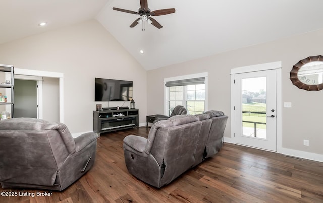 121 Liam Ct, Shepherdsville, KY 40165 - living area with ceiling fan, wood finished floors, high vaulted ceiling, and recessed lighting