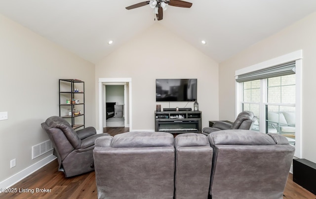 121 Liam Ct, Shepherdsville, KY 40165 - living area featuring a ceiling fan, dark wood-style flooring, recessed lighting, and high vaulted ceiling