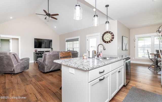 121 Liam Ct, Shepherdsville, KY 40165 - kitchen featuring dishwasher, open floor plan, white cabinetry, a ceiling fan, and light stone countertops