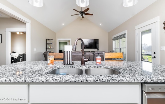 121 Liam Ct, Shepherdsville, KY 40165 - kitchen with open floor plan, a ceiling fan, dishwasher, light stone countertops, and vaulted ceiling
