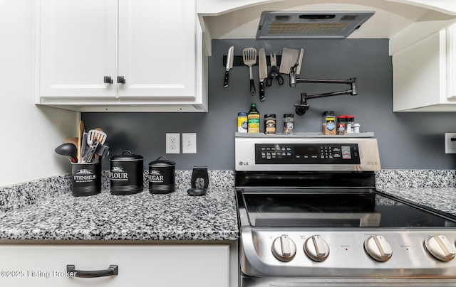 121 Liam Ct, Shepherdsville, KY 40165 - kitchen featuring electric stove, white cabinets, and light stone countertops