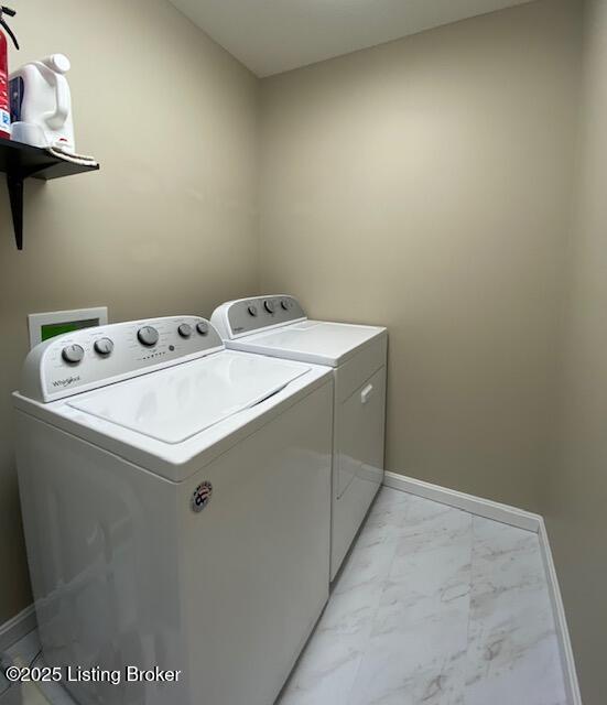 121 Redwood Dr, Bardstown, KY 40004 - laundry room with light marble finish flooring and independent washer and dryer