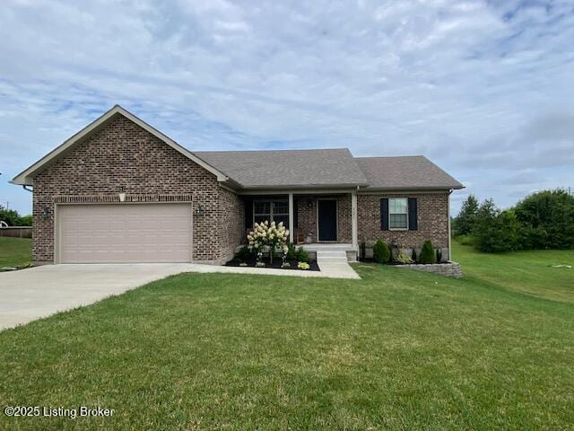 121 Redwood Dr, Bardstown, KY 40004 - ranch-style house featuring an attached garage, brick siding, concrete driveway, and a front lawn