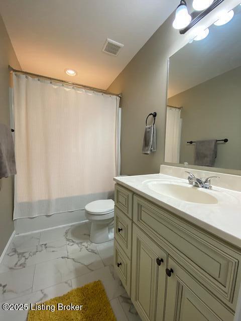 121 Redwood Dr, Bardstown, KY 40004 - bathroom featuring vanity, marble look tiles, shower / bathtub combination with curtain, and recessed lighting