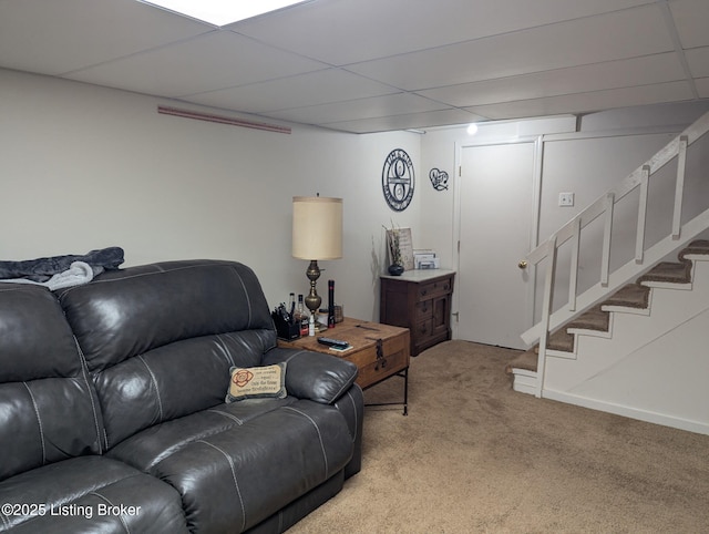 7206 Arrowwood Rd, Louisville, KY 40222 - living room featuring light colored carpet, a drop ceiling, and stairway