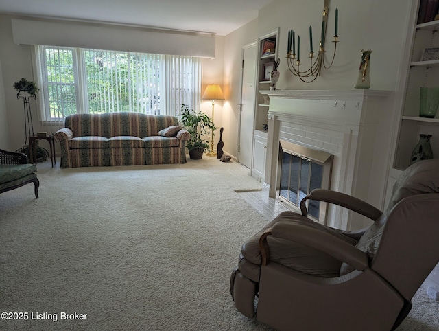 7206 Arrowwood Rd, Louisville, KY 40222 - carpeted living area with a brick fireplace and built in features