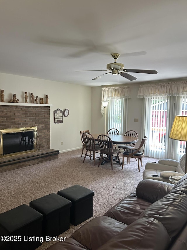 7206 Arrowwood Rd, Louisville, KY 40222 - living area with carpet floors, a ceiling fan, and a fireplace