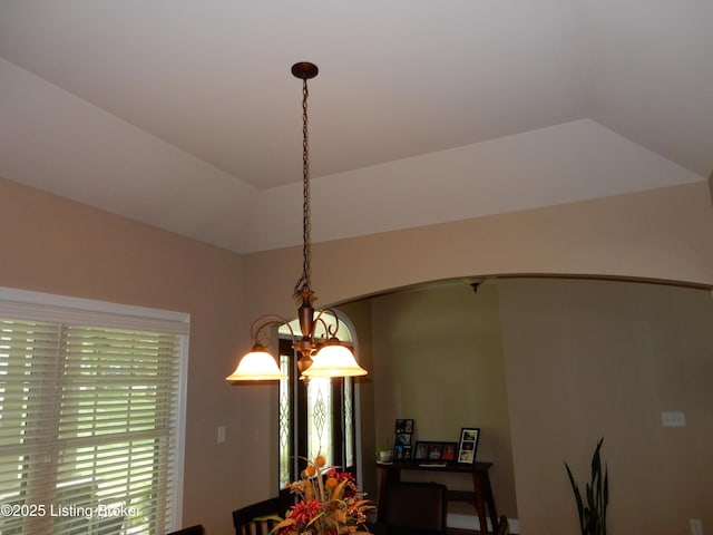 193 Pare Ct, Shepherdsville, KY 40165 - dining room with a chandelier, arched walkways, and lofted ceiling