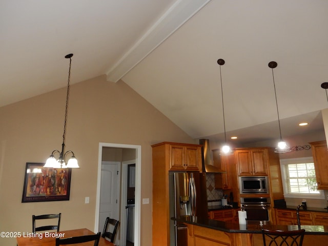 193 Pare Ct, Shepherdsville, KY 40165 - kitchen with appliances with stainless steel finishes, wall chimney exhaust hood, a chandelier, dark countertops, and backsplash