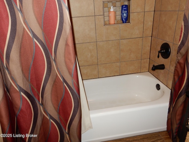 193 Pare Ct, Shepherdsville, KY 40165 - bathroom with shower / bath combination with curtain and wood finished floors
